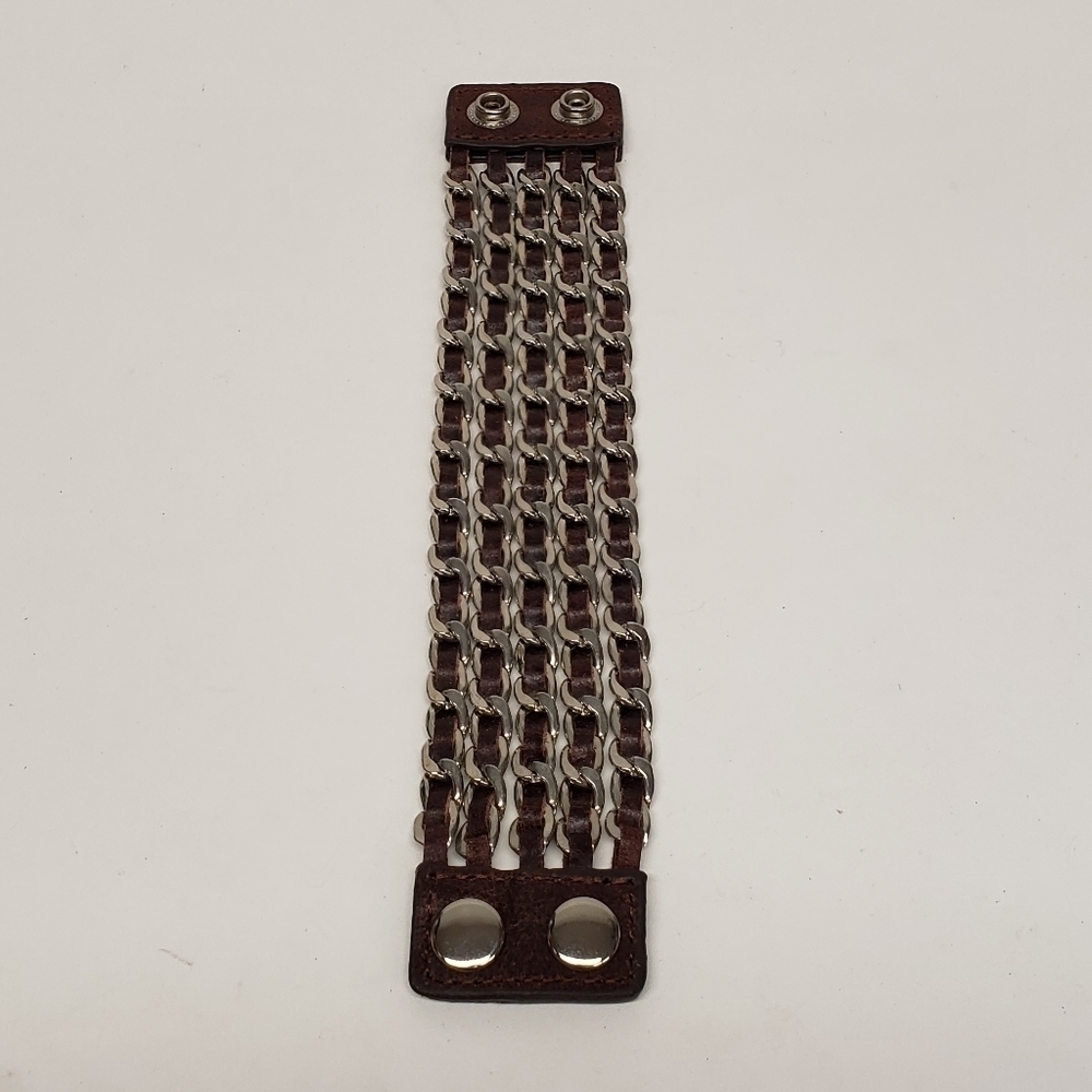 Womens Leather Metal Chain Links Bracelet Snap Closure - Picture 4 of 9